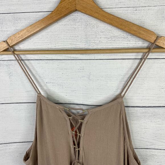 Kori America Womens Aztec Tribal Boho Tiered Embroidered Mini Dress Tan size M - Picture 6 of 10